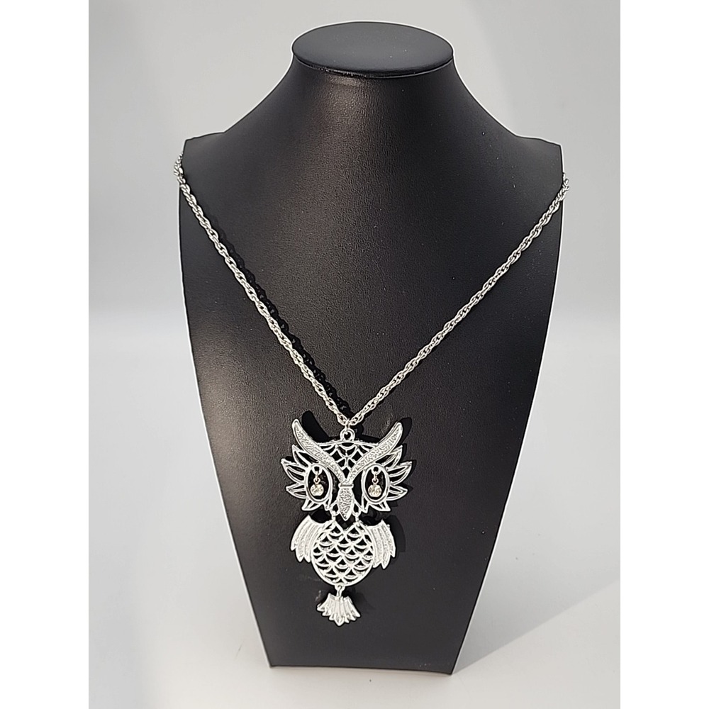 Vintage Silver Tone Large Rhinestone Eye Owl‎ Bird 24" Chain Necklace